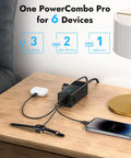 PD 40W USB C Charging Hub With 3 AC Outlets And 2 USB C Ports And 1 USB A Port Charge Up To Six Devices displayed on wooden desk.