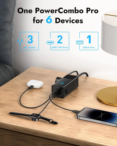 PD 40W USB C Charging Hub With 3 AC Outlets And 2 USB C Ports And 1 USB A Port Charge Up To Six Devices displayed on wooden desk.