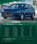 Blue Hyundai car parked next to vehicle fitment chart for various Hyundai models and years.