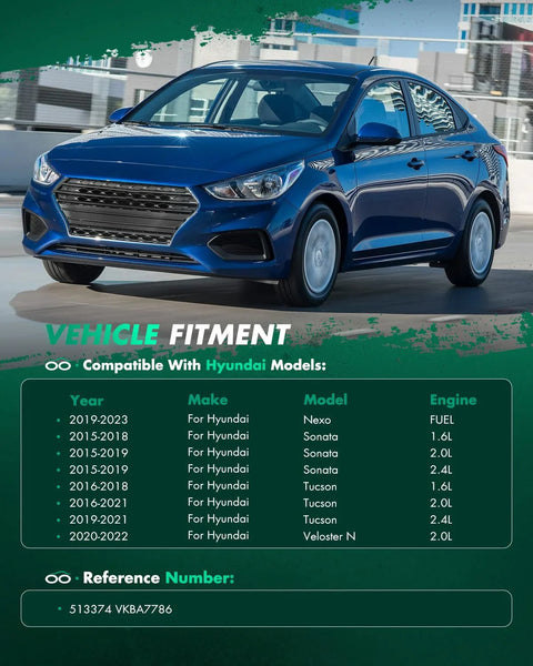 Blue Hyundai car parked next to vehicle fitment chart for various Hyundai models and years.