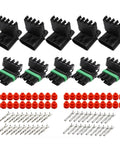 Get This Super Duper Weather Pack Connector Kit With 5 Sets Of 4 Pin Plugs And Female Receptacles Plus Terminals And Seals For Easy Wire Job black 4-pin connectors with green seals and terminals