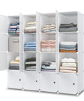 Massive 16 Cube Storage Organizer With Doors In White For Closet Living Room Or Office displaying stacked clothes in open cubes
