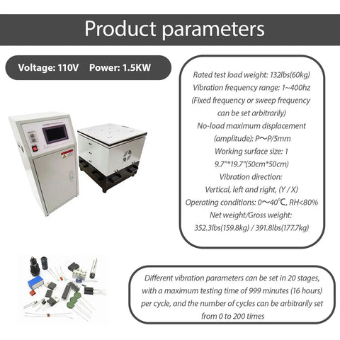 Heavy Duty Vertical Vibration Testing Rig With Smart Programmable Console showcasing control unit and vibration platform with specifications.