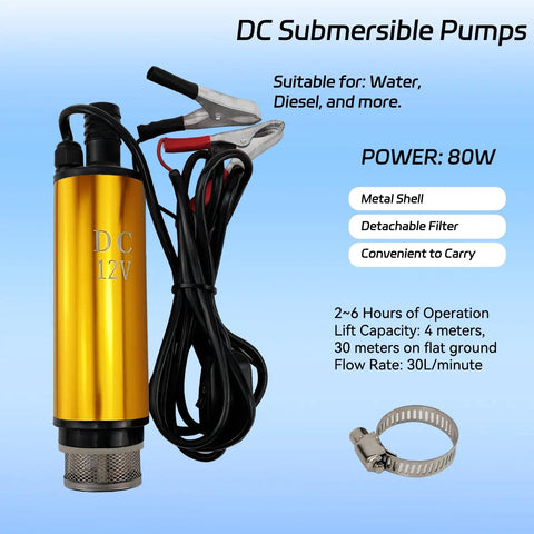 DC 12V 80W Submersible Water Pump For Diesel Oil And Fuel Transfer 30L Per Minute Flow 30 Meter Lift shown with cables