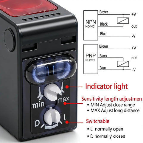 Close-up view of Indoor Wall Mount Photoelectric Beam Sensor 0-2m Adjustable NPN NO NC Switchable DC 10-30V with controls visible