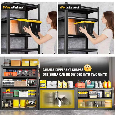 Beefy 2 Pack Heavy Duty Garage Shelving Unit Set With 5 Tier All Metal Storage Racks Adjustable Heights For Tools Bins Bulk Items Garage Workshop Warehouse Organization, before and after shelf adjustment
