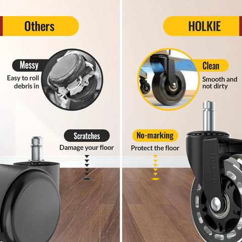 Comparison between generic wheels and Office Chair Wheels Universal Fit 3 Inch Roller Blade Casters for scratch-free floors.
