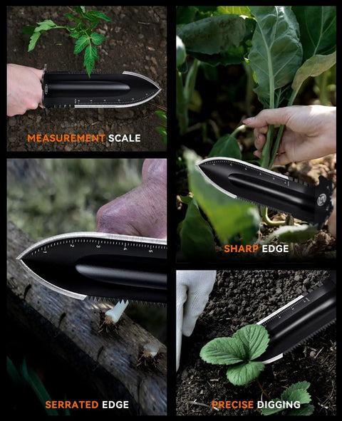 Heavy Duty Metal Detecting Shovel With Serrated Blade For Treasure Hunting 12 Inch manganese steel tool in use outdoors