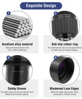Image of 1.25 Inch 10mm Ultra Wide Angle Eyepiece with Filter Thread for Telescopes, 82 Degree Waterproof Fogproof UWA Design, showing anodized alloy material, anti-slip ring, safety groove, and blackened lens edges details.