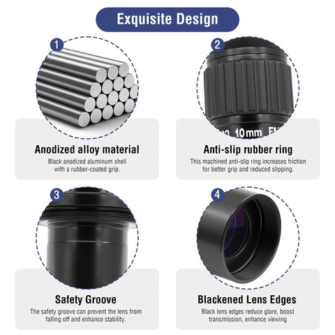 Image of 1.25 Inch 10mm Ultra Wide Angle Eyepiece with Filter Thread for Telescopes, 82 Degree Waterproof Fogproof UWA Design, showing anodized alloy material, anti-slip ring, safety groove, and blackened lens edges details.