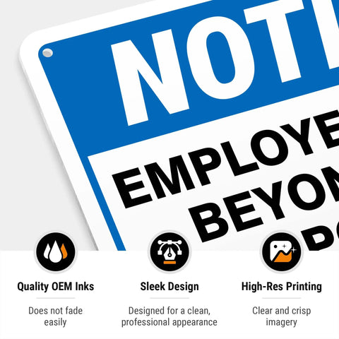 Employees Only Beyond This Point Sign Made From Rust Free Aluminum For Indoor Outdoor Use Tough As Nails Weather Resistant Workplace Safety Signage For Offices Shops Warehouses And Facilities blue aluminum sign close-up