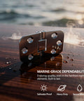 Set Of 4 316 Stainless Steel Folding Table Hinges For Marine Use With 180 Degree Precision Integrated Butt Hinge on wood surface