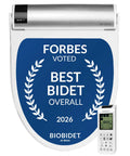 Straight Up Luxe Electric Bidet Toilet Seat With Super Comfy Heated Seat mounted with award plaque and remote control.