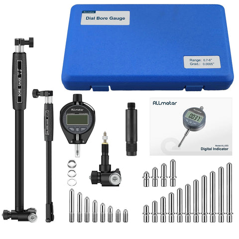 ALLmeter dial bore gauge set with 0.7–6 in range, 0.0005 in graduations, 23 anvils and blue case