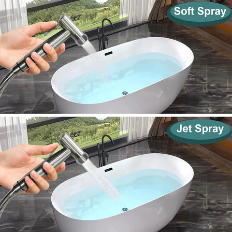 Handheld Bidet Sprayer For Toilet With Premium SUS304 Stainless Steel Attachment Set And Leak Free Design showing soft and jet spray modes over bathtub