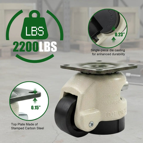 Heavy Duty Leveling Casters With Ratchet Handle Set Of 4 2200 Lb Capacity Steel Core Built Like A Tank side view with details.
