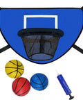 Trampoline Basketball Hoop With Pump And Mini Ball For All Ages, Waterproof And Soft Materials, shown with balls and pump