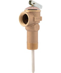 3/4 inch water heater relief valve with brass fittings, protects from excess temperature and pressure, suitable for residential use.