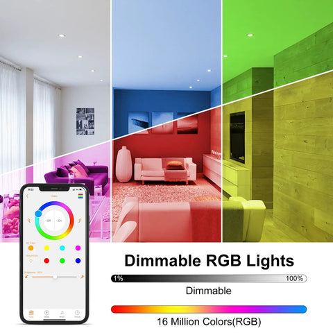 4-Inch RGB White LED Recessed Downlights Kit, 12W, 1000 Lumen, Color Changing RGB and Daylight 5000K, Dimmable, Bluetooth App Control, No Internet Required, Easy Install, 12 Pack