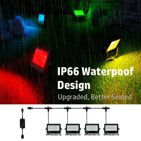 Portable RGB LED Flood Lights Set With IP66 Waterproof Build 3600LM Output 400W Equivalent for outdoors with rain effect
