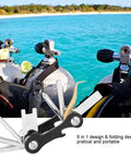 Dive Ready Scuba Multi Tool 8 In 1 Save A Dive Kit with valves and tools by scuba tanks on beach, compact design shown