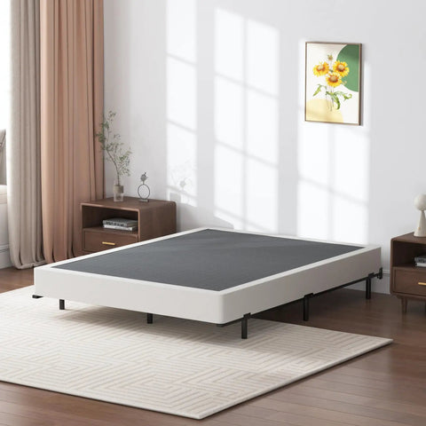 Heavy Duty Queen Box Spring 7 Inch Metal Frame Mattress Foundation Bed Base Built Tough for rock solid support in bright room.