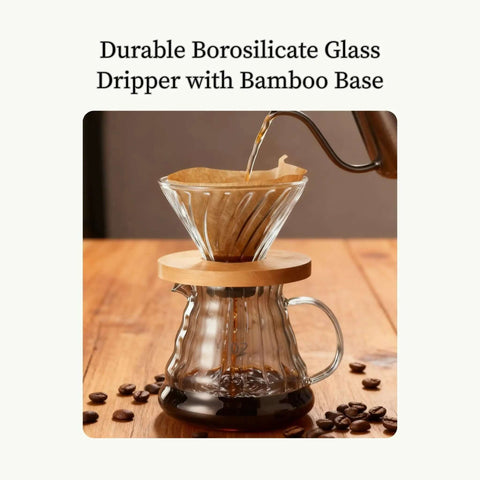 Go To Pour Over Coffee Maker Set With 20oz Borosilicate Glass Carafe Bamboo Base And Spiral Stand V Shaped Dripper 100 Paper Filters Plastic Free Manual Brewer For Home And On The Go Brewing, with coffee being poured into V-shaped dripper.
