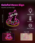 Colorful neon sign shaped like a cat on a donut, 15.7x12.6 inches, with energy-saving features highlighted.