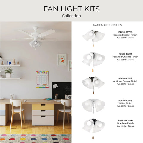 AirPro 4 Light Ceiling Fan Light Kit collection in room, available in various finishes with Alabaster Glass Shades