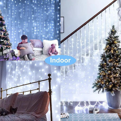Interior view with Solar Curtain String Lights For Outdoor Garden 300 LED Fairy Lights on walls and stairs, Christmas decor