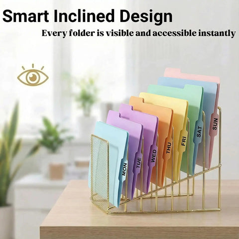 Gold Desk Organizer With 7 Slot Inclined Vertical File Holder Mesh Front Rack For Mail Slim Binders and Books on wooden desktop.
