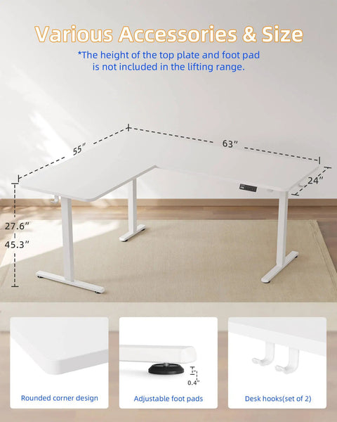 Spacious YIHAYO L Shaped Standing Desk Adjustable Height Electric Corner Computer Desk With Splice Board For Home Office white with rounded corners and adjustable foot pads.