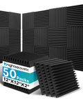 Fifty Pack High Density Acoustic Foam Panels For Walls Premium Thickness Sound Absorbing Studio Wedges in matte black, 12"x12"x2".