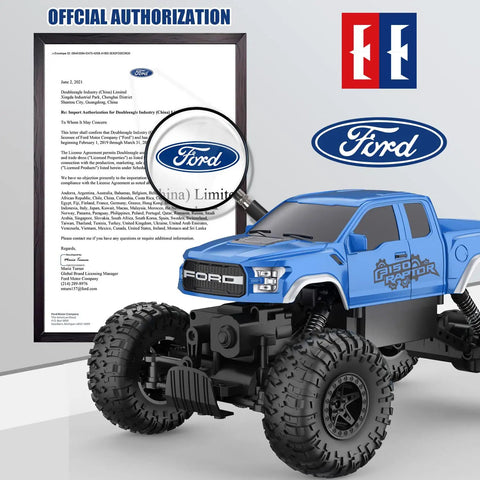 Ford Raptor F150 4x4 RC Car Monster Truck For Kids, blue 1:18 scale, with Ford authorization document and logos shown