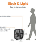 Three Speed Box Fan For Bedroom With Carry Handle Portable Black 20 Inch with dimensions and silhouette of person for scale.