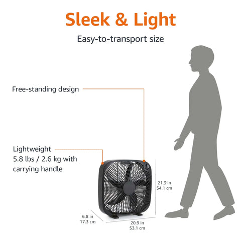 Three Speed Box Fan For Bedroom With Carry Handle Portable Black 20 Inch with dimensions and silhouette of person for scale.