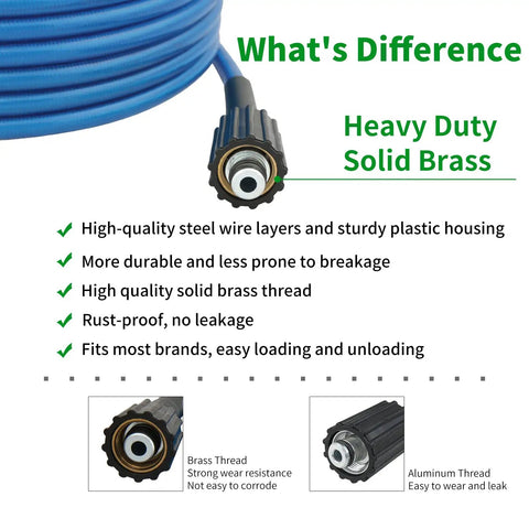 Heavy Duty Pressure Washer Hose 25 Ft 1/4 Inch Ultra Flexible Replacement Extension Hose, 3000 PSI Max, solid brass thread