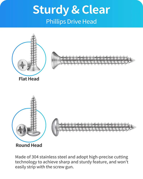 Stainless Steel Self Tapping Screws Assortment Kit 560 Pcs M3 M4 M5 M6 Flat Head and Round Head Phillips Drive, shown in silver.