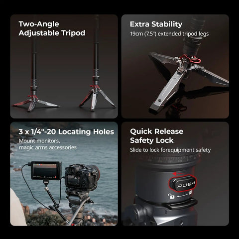 Carbon Fiber Camera Monopod featuring smooth one button height adjustment and collapsible legs for stability in outdoor shoots.