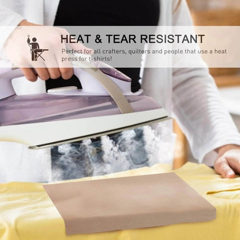 Person using heat press with 3 Pack Non Stick PTFE Sheets For Heat Press 12 By 16 Inches Heat Transfer Mats to prevent sticking.
