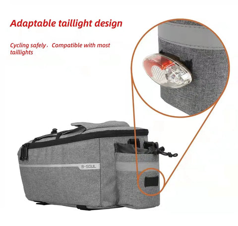 Waterproof Insulated Bike Rack Bag With 8 Liter Capacity For Bicycle Trunk Storage showcasing adaptable taillight design for safety.