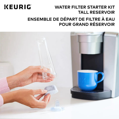 Person assembling Tall Handle Water Filter Starter Kit with handle and two replacement filters next to a Keurig brewer.
