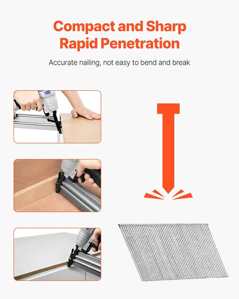 Sixteen Gauge Two Inch Angled Finish Nails Twenty Degree Offset Two Thousand Count Galvanized Steel Tough As Nails for Daily Carpentry Work shown with a pneumatic nailer.