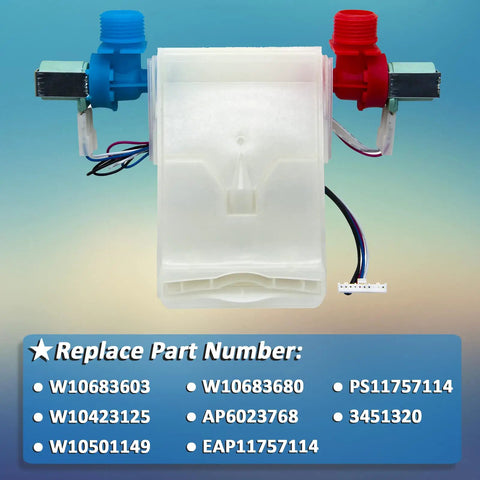Washer Water Inlet Valve Replacement For Front Load And Top Load Machines Easy Install Balances Cold And Hot Water Controls Water Level And Drainage Compatible With Kenmore And Other Major Brands, white plastic valve with red and blue ports