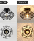 Black Flush Mount Ceiling Light With Dope Metal Cage Design And Industrial Vibe For Hallways Kitchens Porches And Bedrooms Vintage Farmhouse Style That Casts Dramatic Shadows When On And Elevates Any Ceiling Space shown off and on with dramatic shadows