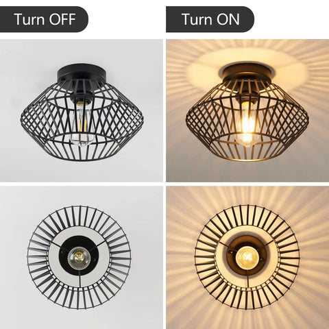 Black Flush Mount Ceiling Light With Dope Metal Cage Design And Industrial Vibe For Hallways Kitchens Porches And Bedrooms Vintage Farmhouse Style That Casts Dramatic Shadows When On And Elevates Any Ceiling Space shown off and on with dramatic shadows