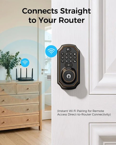 Rock Solid WiFi Video Smart Lock With 5 In 1 Keyless Entry featuring HD camera mounted on door near Wi-Fi router.