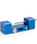Derby Car Drill Jig For Precise Axle Holes Create Straight Or 2.5 Degree Angled Holes And Raised Wheel Holes To Speed Up Your Pinewood Derby Build, Save Time, And Get A Cleaner, Faster Car On Race Day. Blue aluminum drill jig with drill bit.