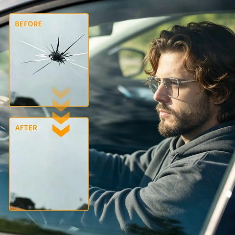 Man driving car with repaired windshield crack using Chip And Crack Repair Kit For Windshields And Screens 2 Pack Quick DIY Fix