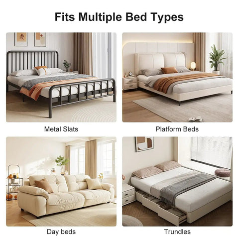 Queen Bunkie Board 60 X 80 Inches Low Profile Bed Foundation displayed with multiple bed types including metal slats and platform beds.